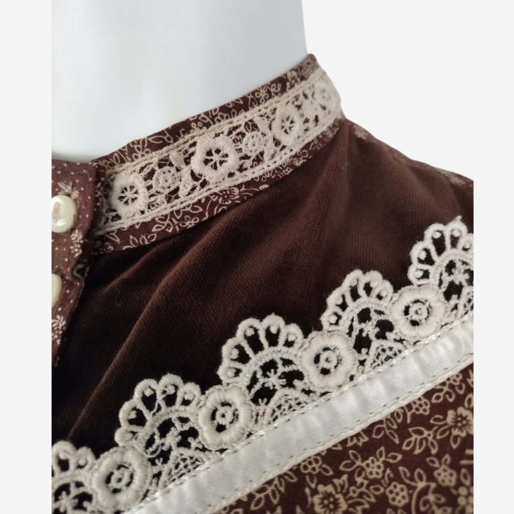 Vintage 70s Gunne Sax Brown Calico Puff Shoulder Button Down Prairie Dress - Picture 11 of 13